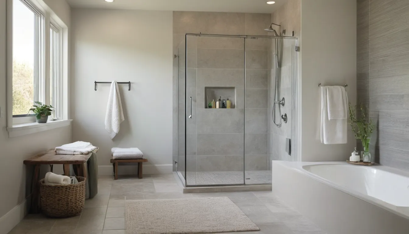 A modern walk-in shower with a bench and grab bar in a bright New Lenox home bathroom
